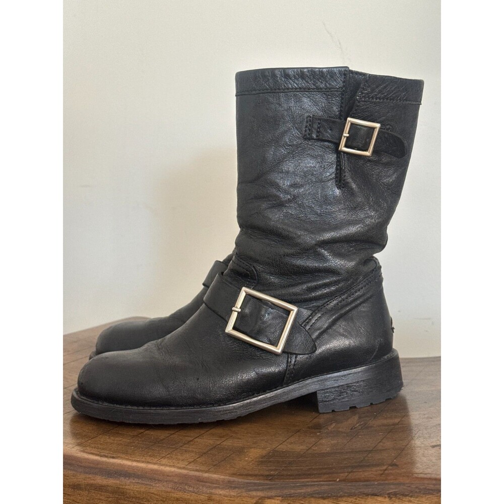 Jimmy Choo Black Leather Biker Boots Buckle Moto Mid Calf Womens 34.5